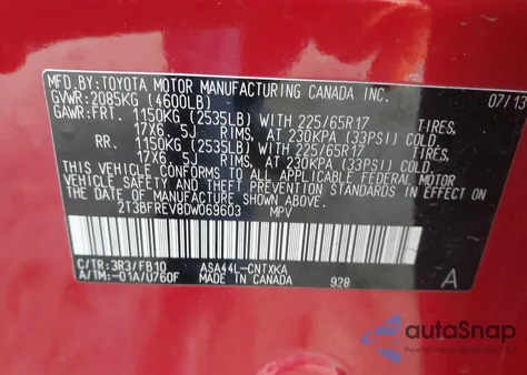 2013 Toyota Rav4 Le из США, поврежденный, VIN 2T3BFREV8DW069603